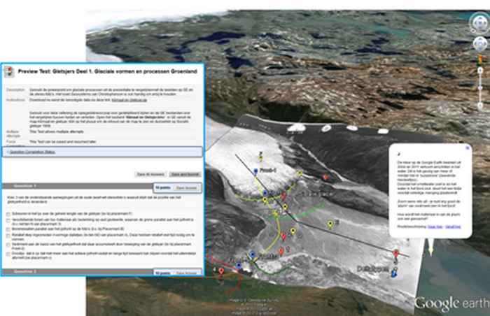 Snapshot van Google Earth waarin een 3D omgeving van een gebied in Groenland is weergegeven